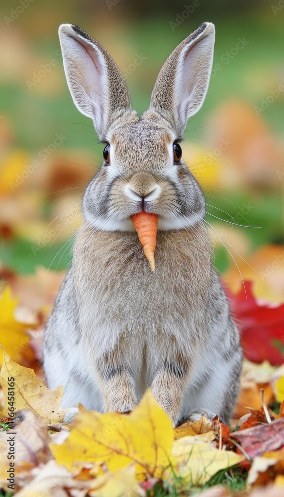 Obraz premium A rabbit holding a carrot amidst colorful autumn leaves.