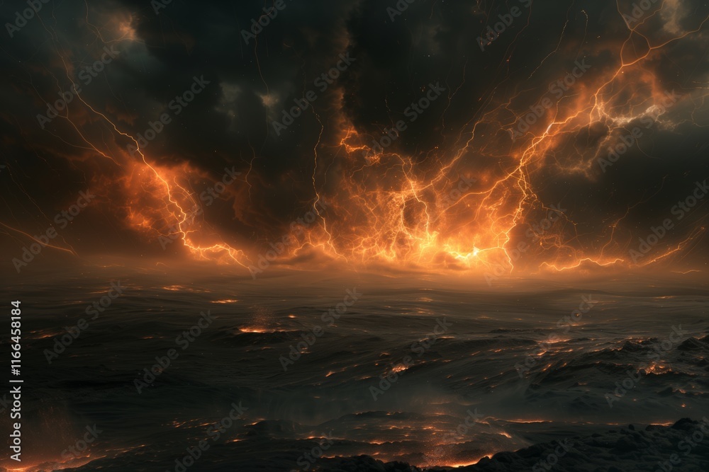 Fototapeta premium A dramatic scene showcasing intense lightning over a fiery landscape, capturing nature's powerful forces.
