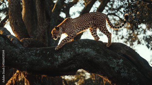 Cheetah walks down twisted tree in savannah photo