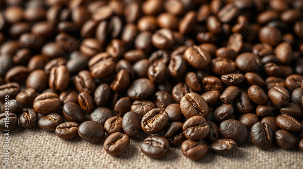Close-up of roasted coffee beans on textured burlap Close-up of roasted coffee beans on textured burlap