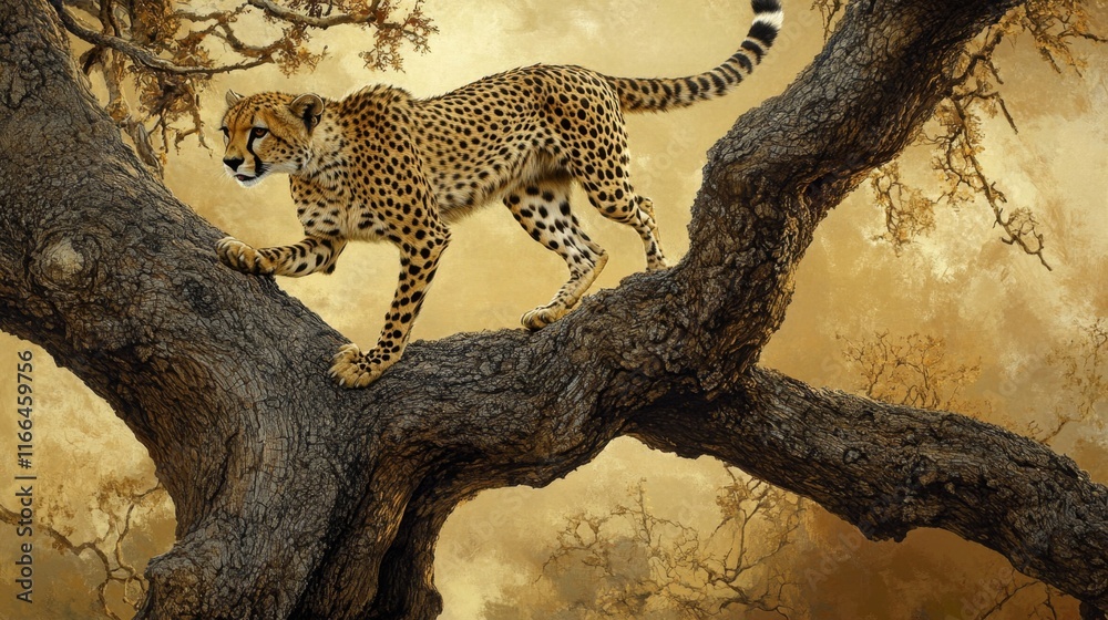Fototapeta premium Cheetah walks down twisted tree in savannah