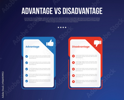 advantage vs disadvantage infographic for comparison data with creative big table price with badge on header side with modern dark gradient style background with 2 point information