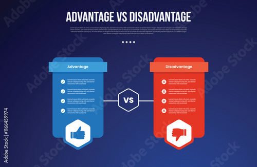 advantage vs disadvantage infographic for comparison data with table price box with hexagon badge with modern dark gradient style background with 2 point information