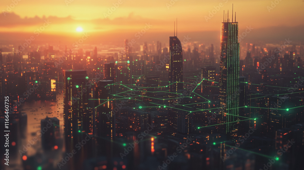 Fototapeta premium Smart Innovation city with connection cyber security network reciprocity over the sunset cityscape future wireless digital city and social media networking systems that connects people in the city