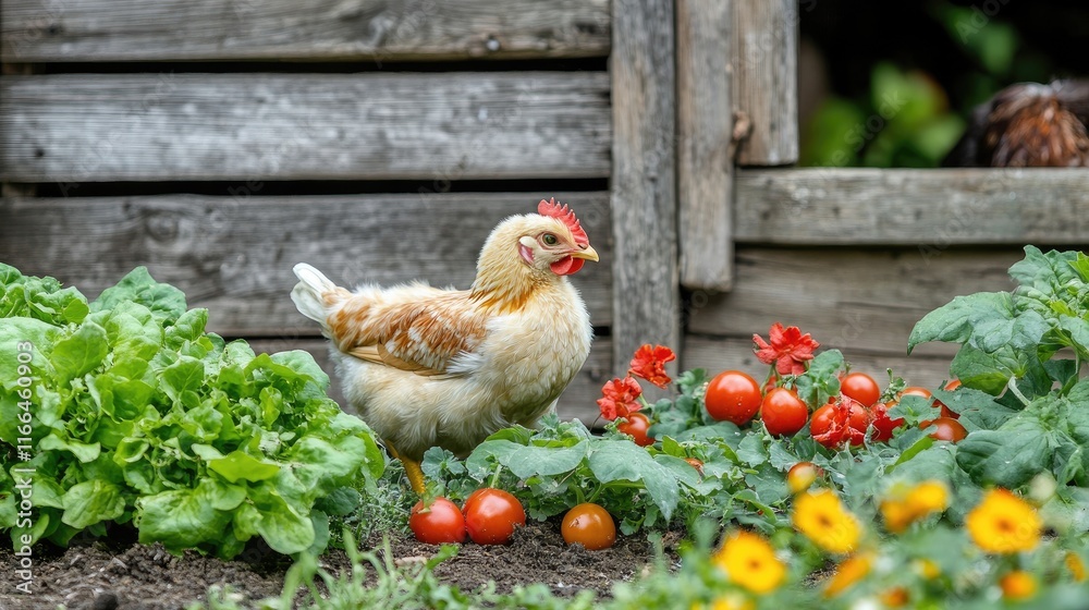 Fototapeta premium A chicken forages among vegetables in a garden setting.