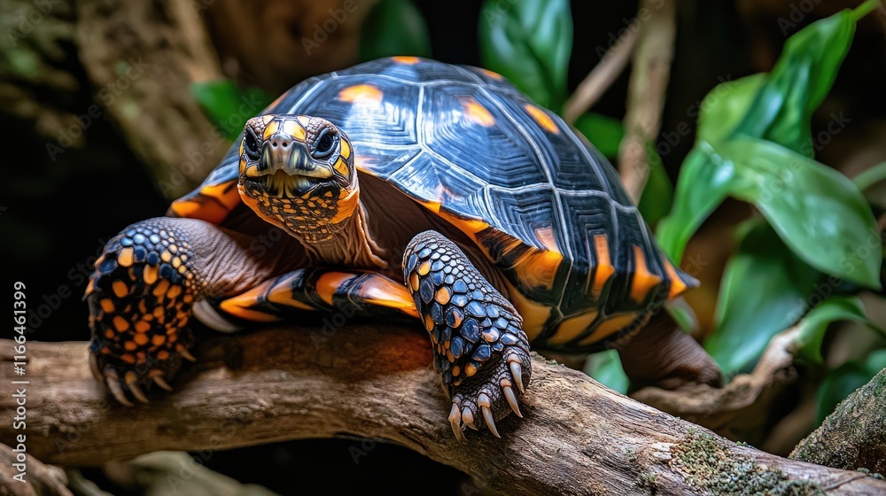 Obraz premium A vibrant tortoise resting on a branch among lush greenery.