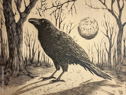 Raven linocut: vintage forest illustration, detailed raven art, naturalistic tones, woodland scene, textured linocut print, artistic wildlife depiction photo