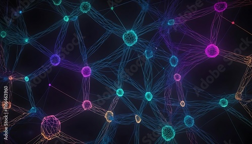 An abstract network pattern with interconnected glowing dots in bright neon shades