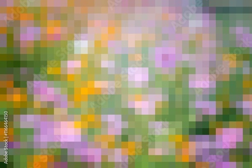 A pixelated image of a field of flowers with a bright green background. The image is blurry and pixelated, giving it a dreamy, ethereal quality. The flowers are of various colors, including purple