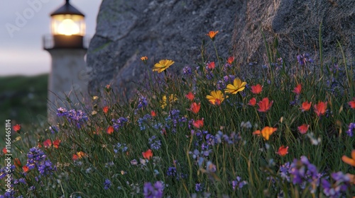 Coastal Lighthouse Wildflowers at Sunset Scenic Nature Image photo