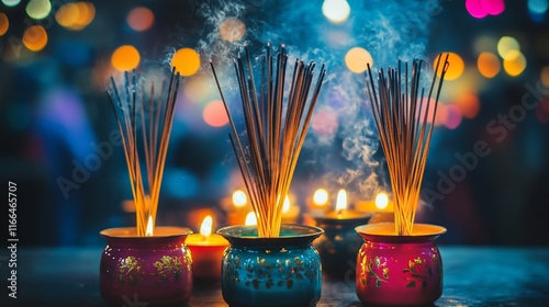 Night temple incense burning, candles, bokeh