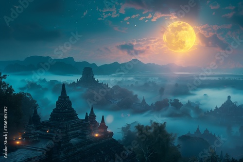 A serene landscape featuring ancient temples illuminated by a full moon, enveloped in misty mountains. photo