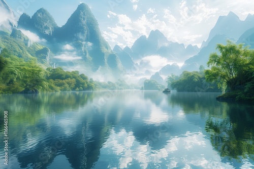 A serene landscape featuring misty mountains reflecting on a calm lake, surrounded by lush greenery. photo