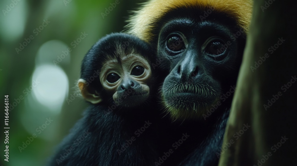 Obraz premium close image of Yellow Cheeked Gibbon monkey (Nomascus Gabriallae) mother with child in the forest 