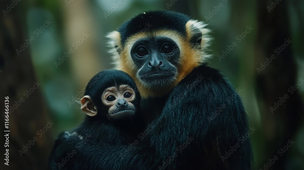 Fototapeta premium close image of Yellow Cheeked Gibbon monkey (Nomascus Gabriallae) mother with child in the forest 