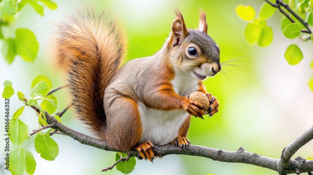 A squirrel holding an acorn perched on a branch surrounded by leaves. A squirrel holding an acorn perched on a branch surrounded by leaves.