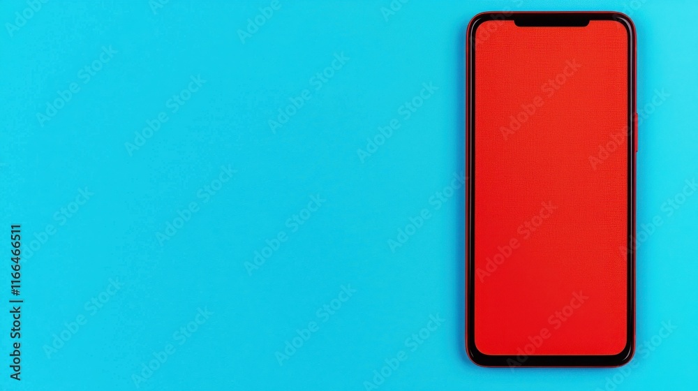 Register account and security concept. Red smartphone on blue background, minimalistic design. Register account and security concept. Red smartphone on blue background, minimalistic design.