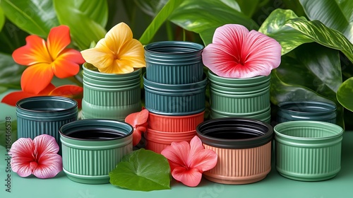 Colorful Plant Pots and Flowers Arranged on Green Surface