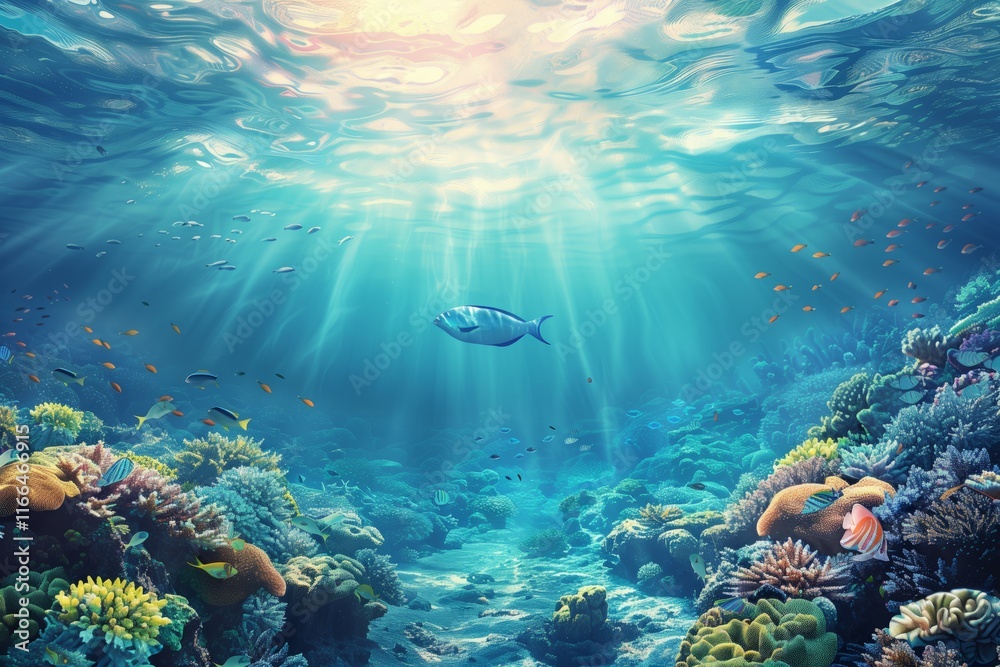 Fototapeta premium A serene underwater scene featuring vibrant coral reefs and a solitary fish swimming gracefully in illuminated waters.