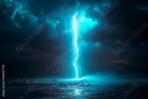 A striking lightning bolt illuminates a stormy sky over a turbulent sea, capturing nature's raw power and beauty. photo