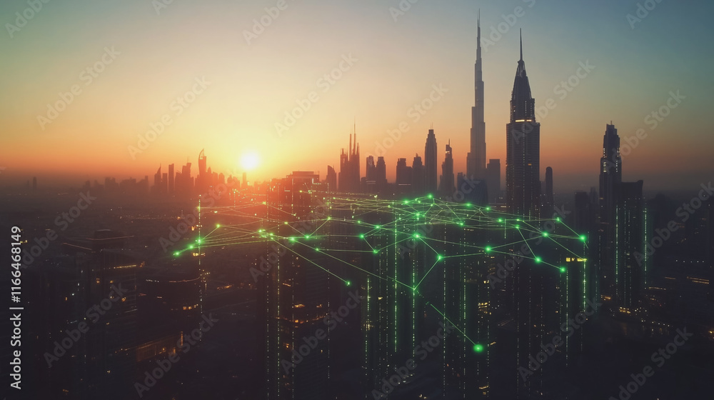 Obraz premium Smart Innovation city with connection cyber security network reciprocity over the sunset cityscape future wireless digital city and social media networking systems that connects people in the city