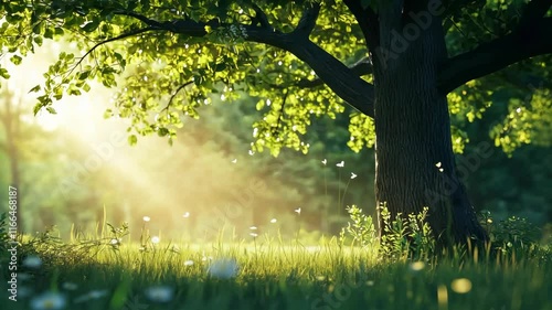 A large tree stands tall in a lush green field, with sunlight streaming through its branches and casting a warm glow on the grass below. The scene is tranquil and calming, evoking a sense of peace