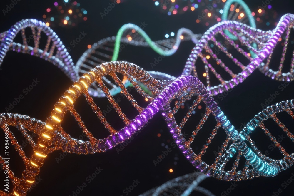 A colorful representation of DNA strands, illustrating genetic structure and complexity. A colorful representation of DNA strands, illustrating genetic structure and complexity.