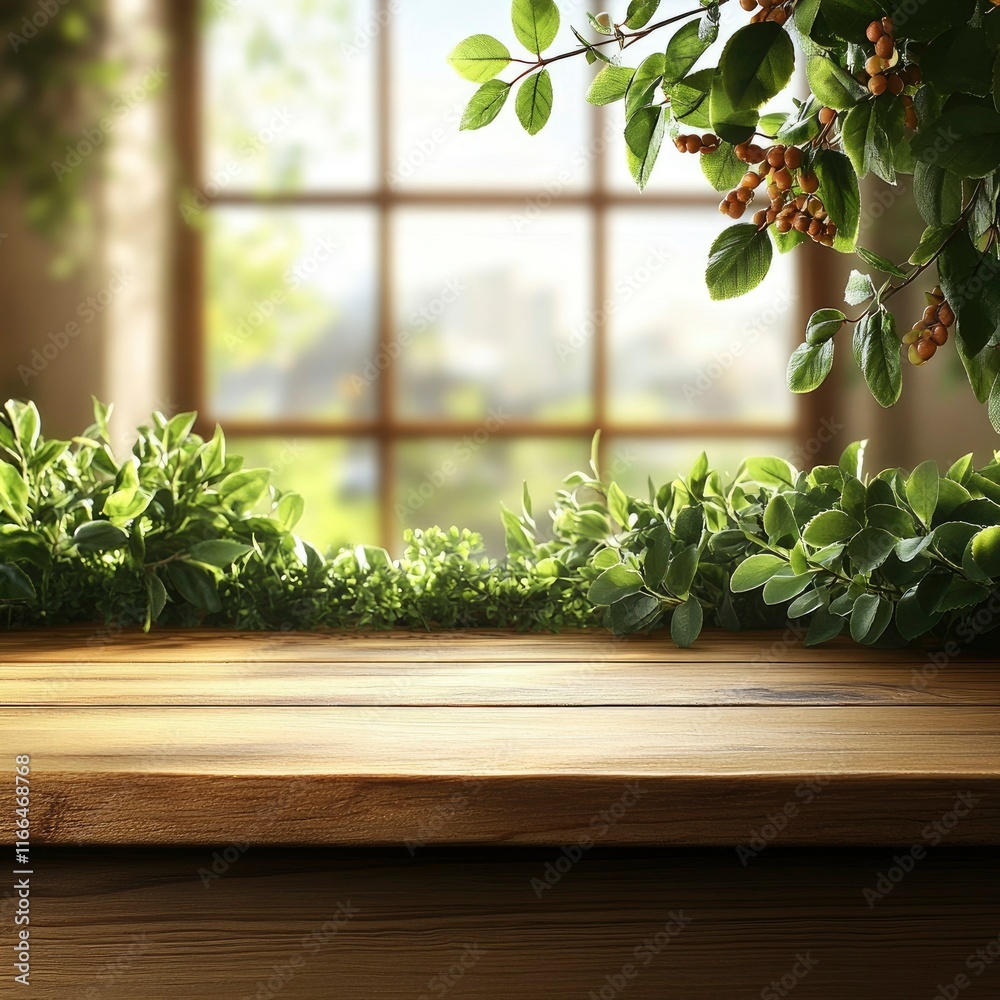Wooden Tabletop with Lush Greenery and Bright Window Background Wooden Tabletop with Lush Greenery and Bright Window Background