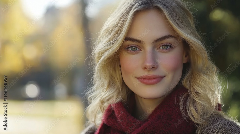 Naklejka premium Closeup portrait of young attractive woman outdoors with copy space. Beautiful blond girl model. Cheerful lady on neutral background spring, fall, autumn