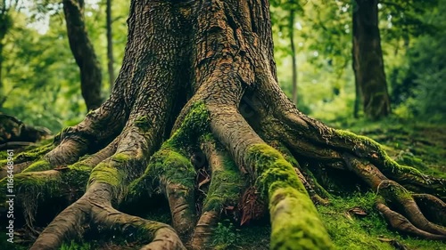 A large tree with its roots sticking out of the ground. The roots are covered in moss and the tree is surrounded by green grass. Concept of growth and life, as the tree