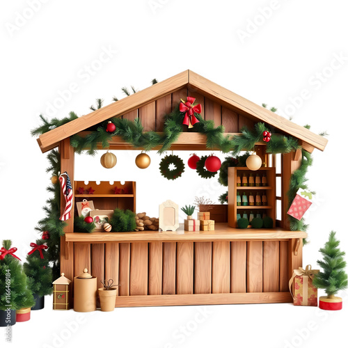 Charming Christmas Market Kiosk with Festive Decor on transparent background