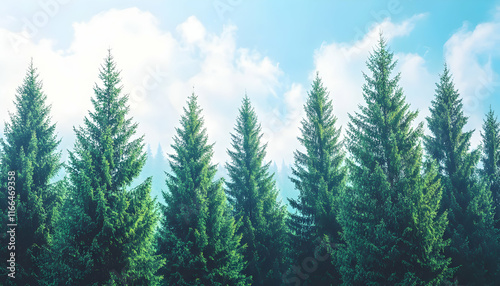 Wallpaper Mural Majestic evergreen trees stand tall against a serene, lightly clouded sky, creating a tranquil forest scene perfect for nature-themed designs. Torontodigital.ca