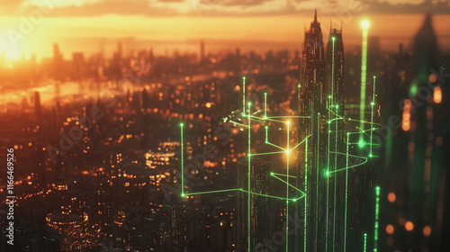 Wallpaper Mural Smart Innovation city with connection cyber security network reciprocity over the sunset cityscape future wireless digital city and social media networking systems that connects people  in the city Torontodigital.ca