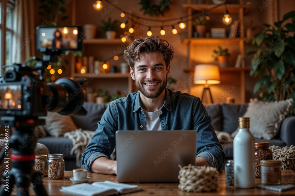 Smiling man working with laptop in cozy home studio Smiling man working with laptop in cozy home studio