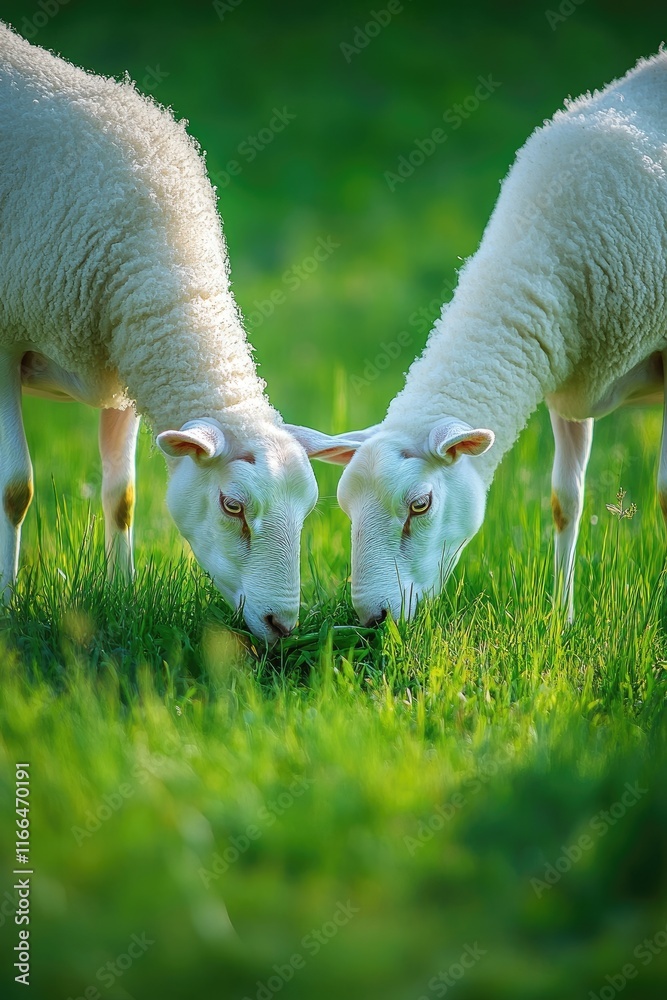Two sheep grazing together in a lush green field. Two sheep grazing together in a lush green field.