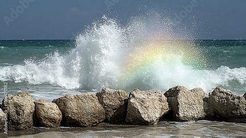 Rainbow over crashing ocean waves and coastal rocks