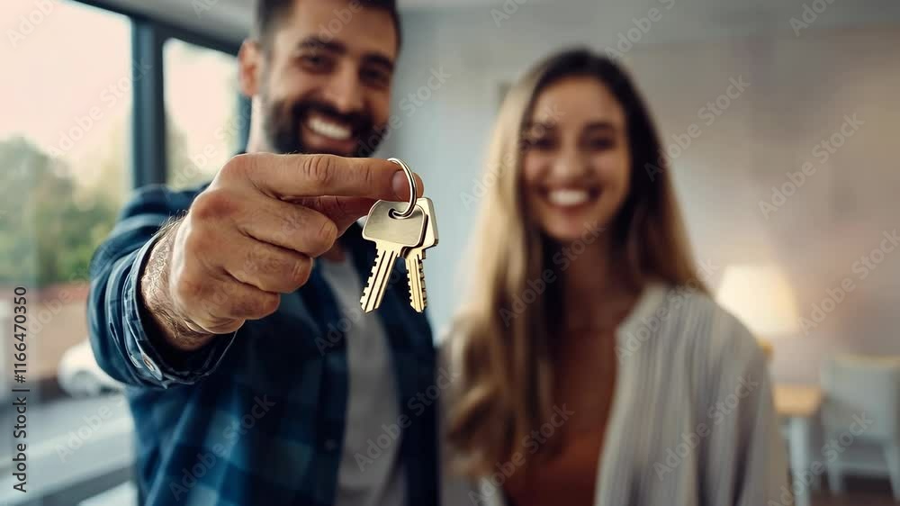 A man and woman are holding keys and smiling. The man is holding the keys in his left hand and the woman is holding them in her right hand. Scene is happy and celebratory