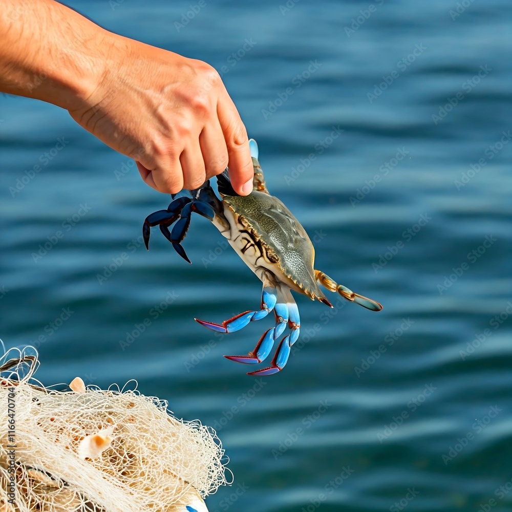 A live crab being held above the ocean, showcasing marine life and sustainable seafood practices. crab, hand, ocean, seafood, marine, sustainable, fresh, eco-friendly, coastal, environment, gourmet, s A live crab being held above the ocean, showcasing marine life and sustainable seafood practices. crab, hand, ocean, seafood, marine, sustainable, fresh, eco-friendly, coastal, environment, gourmet, s