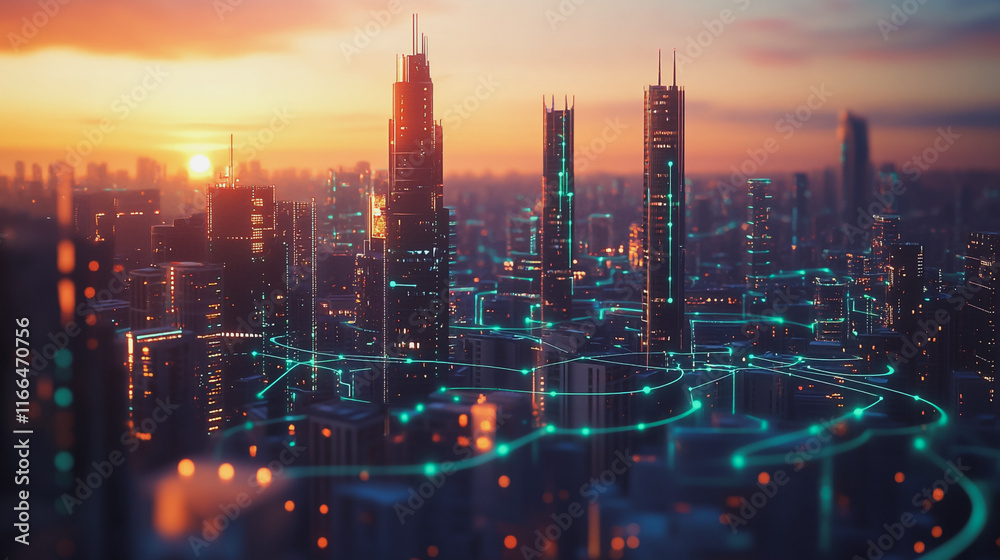 Fototapeta premium Smart Innovation city with connection cyber security network reciprocity over the sunset cityscape future wireless digital city and social media networking systems that connects people in the city