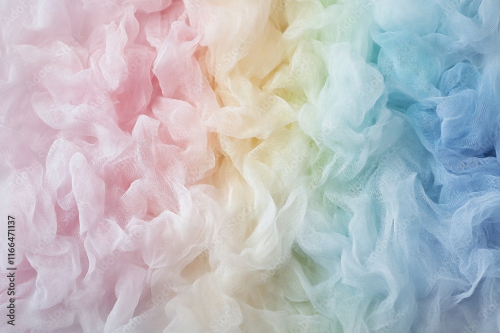 Fototapeta premium Rainbow pastel tulle fabric textured background for design or overlay