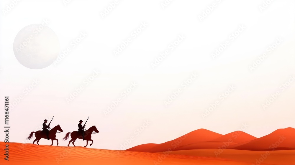 Two riders on horseback traverse a vast, sandy desert landscape. Two riders on horseback traverse a vast, sandy desert landscape.