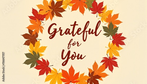 Autumn leaves forming a circle with text inside saying Grateful for You.