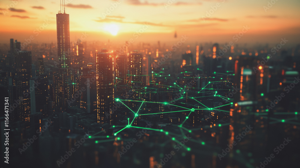 Fototapeta premium Smart Innovation city with connection cyber security network reciprocity over the sunset cityscape future wireless digital city and social media networking systems that connects people in the city