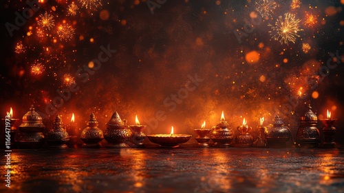 Festival of Lights: Diwali Celebration with Glowing Lamps and Fireworks photo