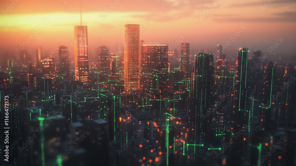 Fototapeta premium Smart Innovation city with connection cyber security network reciprocity over the sunset cityscape future wireless digital city and social media networking systems that connects people in the city