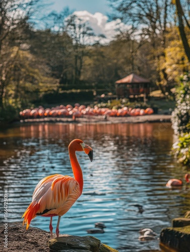 A vibrant flamingo stands by a serene pond with more flamingos in the background.