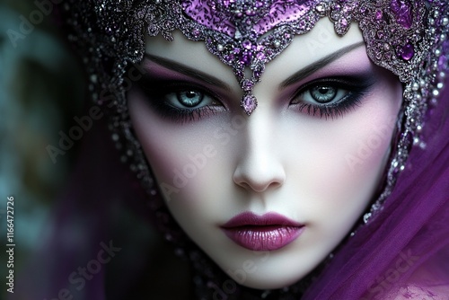 Regal woman with ornate headdress and captivating gaze, fantasy portrait