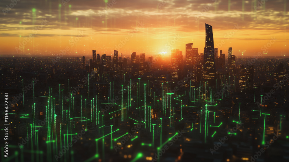 Smart Innovation city with connection cyber security network reciprocity over the sunset cityscape future wireless digital city and social media networking systems that connects people in the city Smart Innovation city with connection cyber security network reciprocity over the sunset cityscape future wireless digital city and social media networking systems that connects people in the city