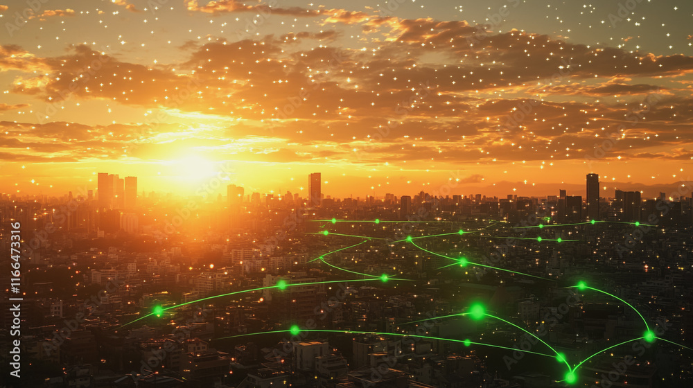 Obraz premium Smart Innovation city with connection cyber security network reciprocity over the sunset cityscape future wireless digital city and social media networking systems that connects people in the city
