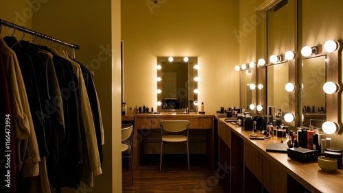 Stylish room with dressing table, mirror and wardrobe rack